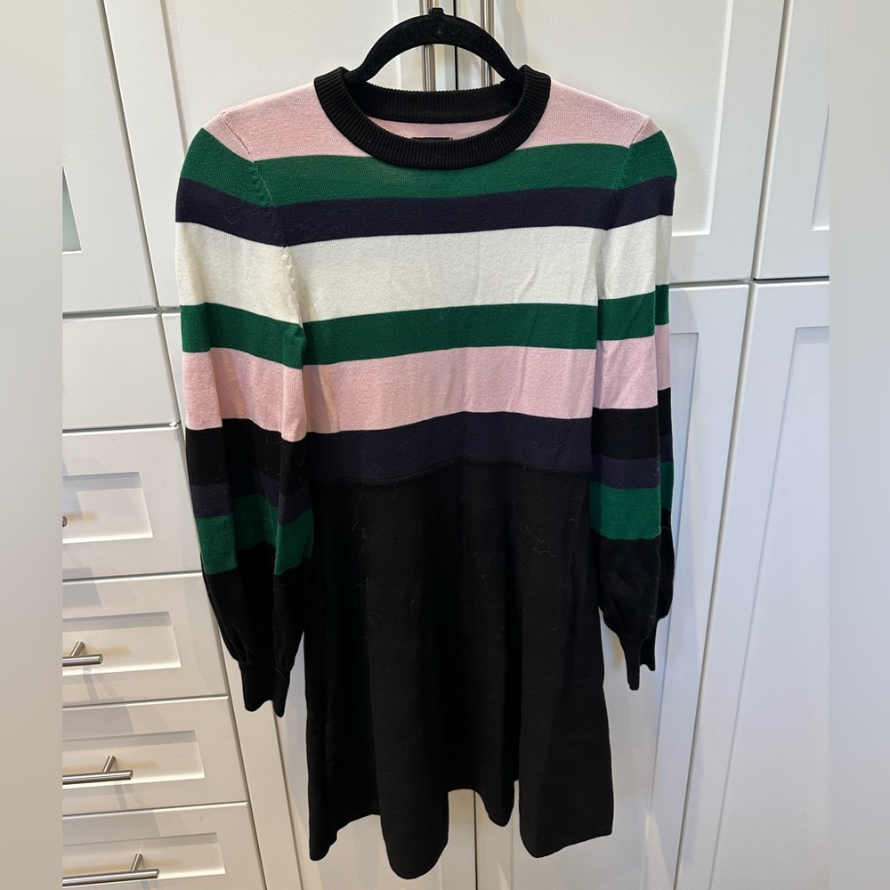 Vince Camuto Black, Green, White, Pink Stripe Fit Flare Sweater Dress / Size S